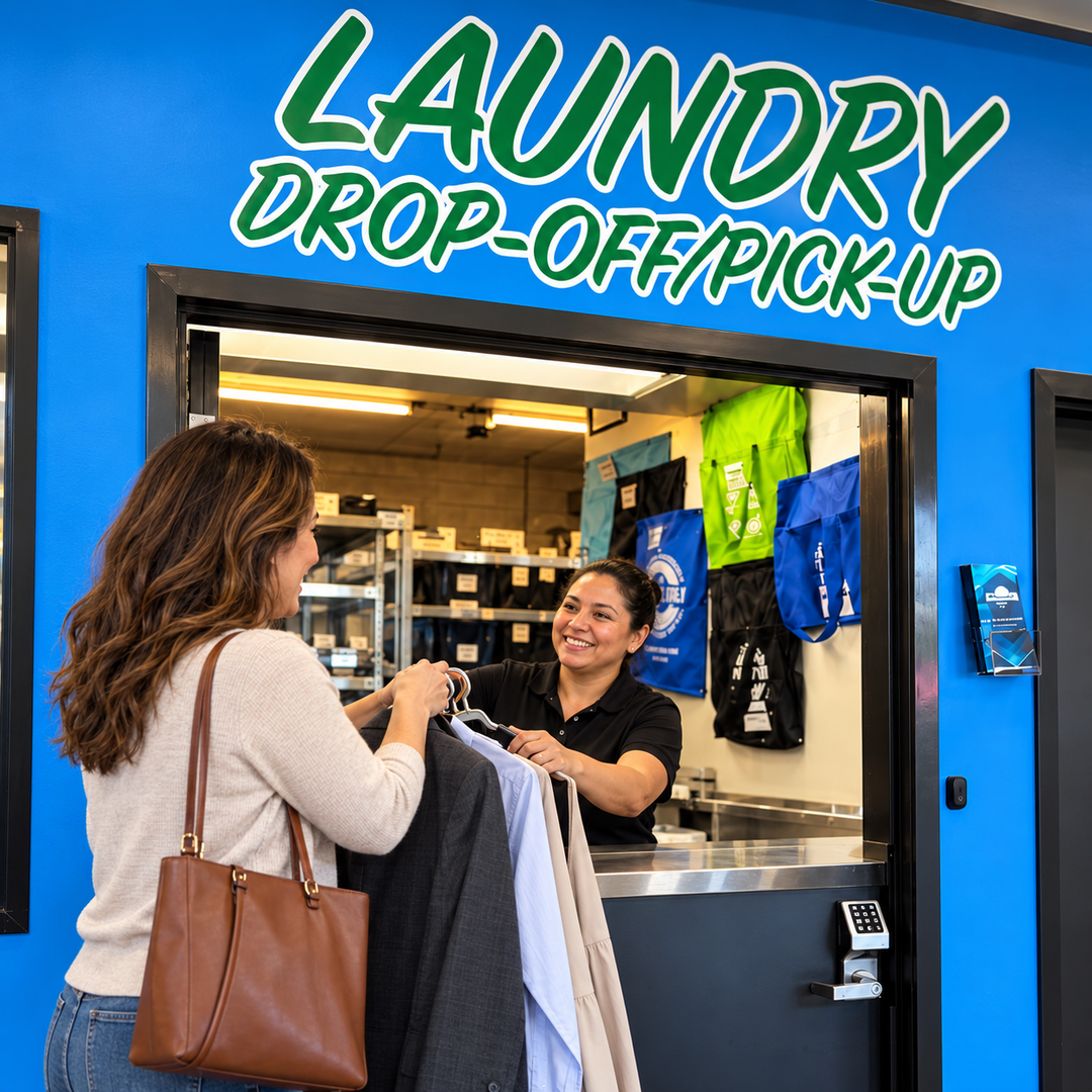 Un empleado entrega la ropa limpia en seco a un cliente en Loads of Clothes Nashville